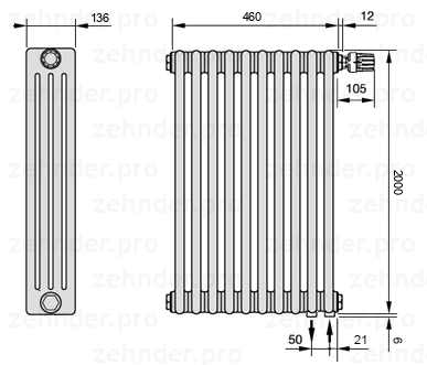 Схема (чертеж) Радиатор Zehnder Charleston 4200/10 №V002 Белый глянцевый RAL 9016